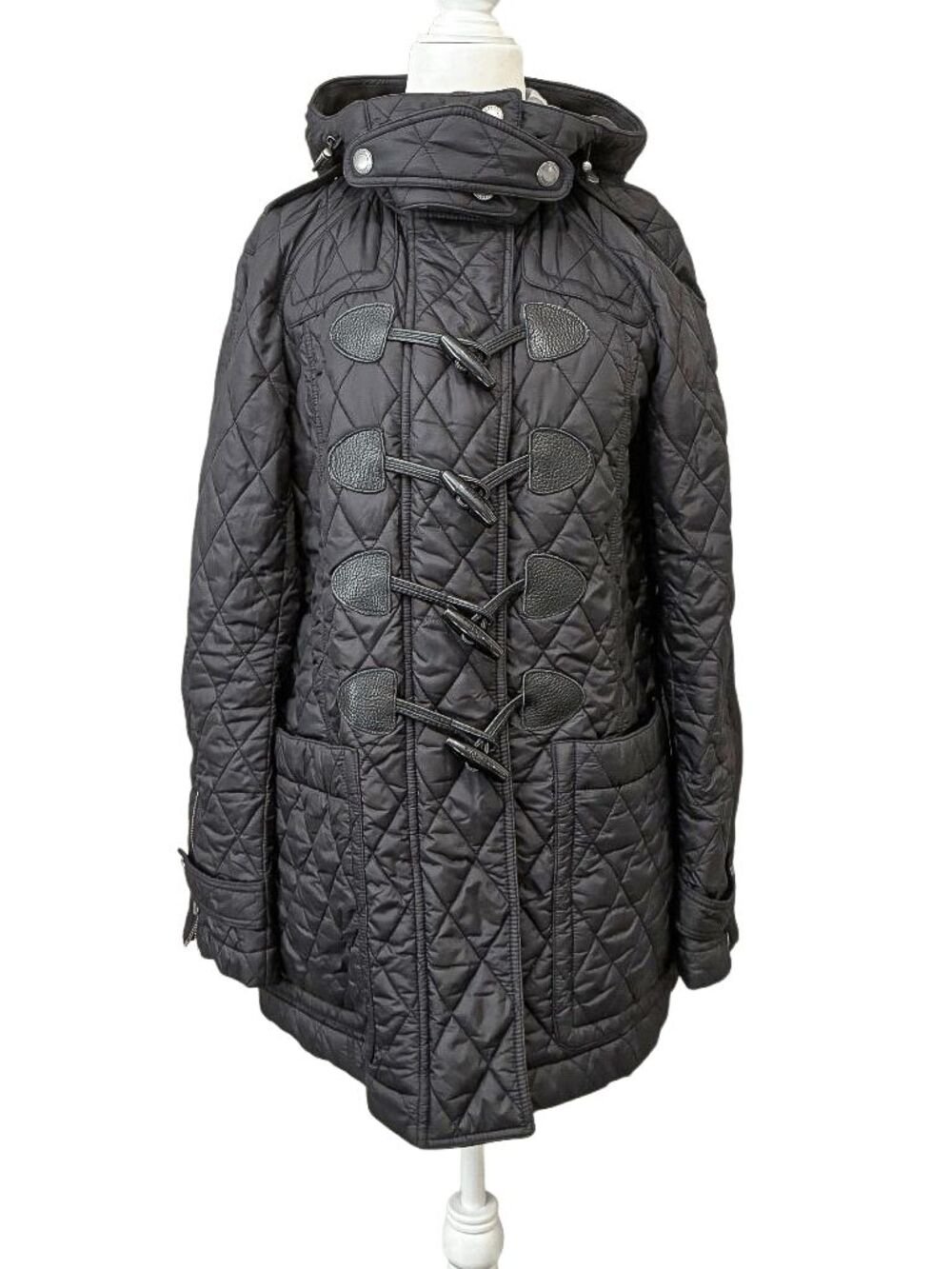 Burberry Brit Quilted Toggle Coat Womens Size Small Black Nova Check Lining